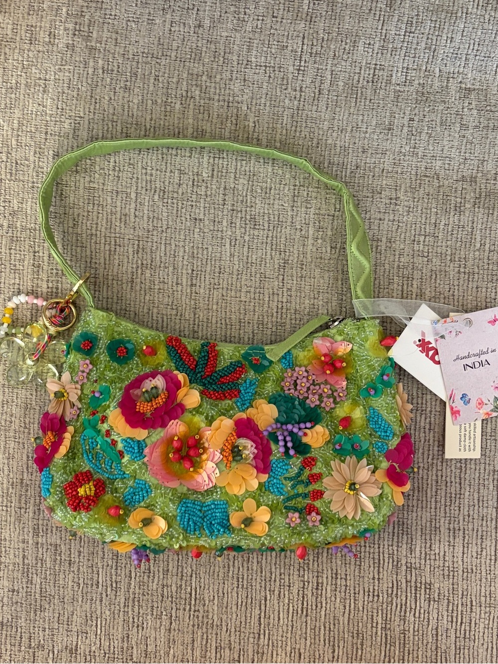 Green Floral Beaded Shoulder Bag with Added Bag Charm